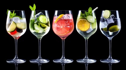 Five Colorful Gin and Tonic Cocktails in Wine Glasses with Fresh Garnishes Against a Black Background