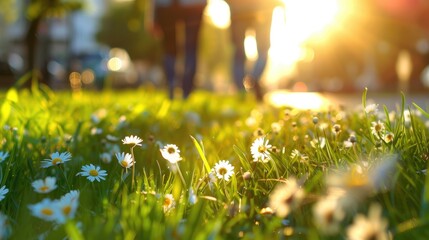 Fototapeta premium Beautiful spring grass with small daisies and people walking in the city, low angle shot, green grass meadow, business office buildings in the background, depth of field, sunny day.