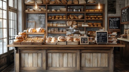 A cozy bakery interior featuring a wooden display with various fresh breads and pastries, creating an inviting atmosphere.