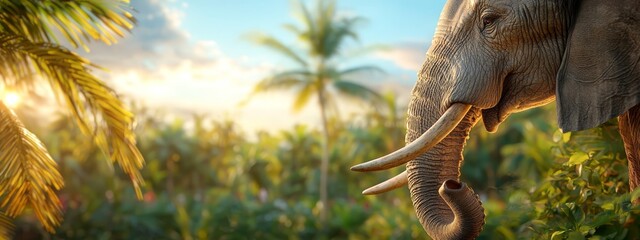  A tight shot of an elephant amidst a sea of grass and trees, with the sun filtering through the clouds behind