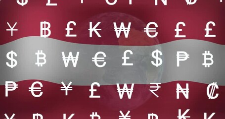 Currency symbols animation over planet Earth and Austria flag