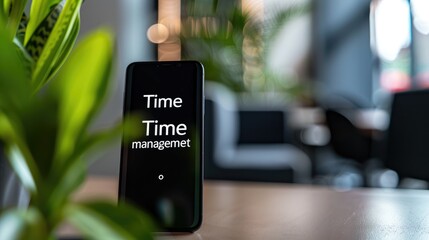 Black smartphone with text Time management on screen and a plant in a modern office room, with a blurred background. A concept for time management at work under bright light and shadow