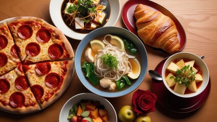 Pizza, Fo-Bo Noodle Soup, Rose, Croissant, Apple, Lemon