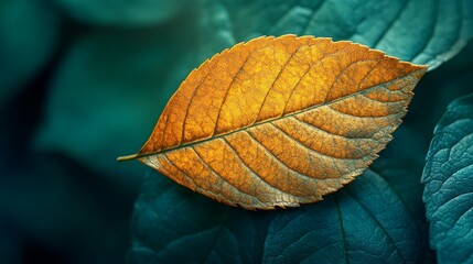 Golden Leaf on Teal Background   Autumn Nature Macro Photography