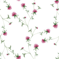 Seamless pattern with watercolor hand drawn botanical illustration with meadow wild plant red clover (trifolium). Repeat wallpaper with purple flowers and leaves isolated on white background.