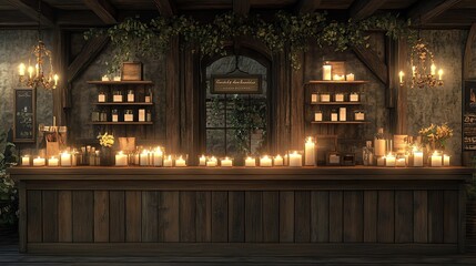 Obraz premium A cozy candle-lit shop interior with wooden shelves, charming decorations, and a warm ambiance perfect for relaxation.