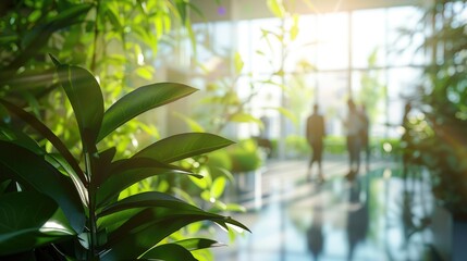 Fototapeta premium A group of business people walking in an office building with green plants on the glass wall, motion blur and long exposure effect.