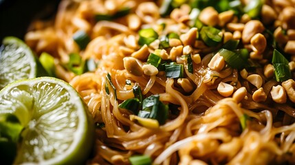 Vibrant Pad Thai Noodles with Garnishes and Copy Space