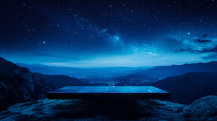 Naklejka premium Glass Platform On Mountaintop With Starry Night Sky And Valley View, Perfect For Celestial Or Night-Themed Visuals . Generative ai