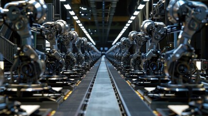 Fototapeta premium Operators control robotic arms on assembly lines. Background for advertising the development of modern technologies, innovations and automation of production processes.