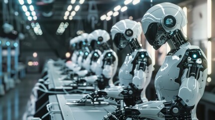 Fototapeta premium Operators control robotic arms on assembly lines. Background for advertising the development of modern technologies, innovations and automation of production processes.