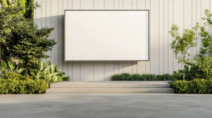 Fototapeta premium Advertising-ready billboard on a speckled concrete platform, surrounded by greenery and a stairway, spacious and inviting for digital or printed content