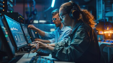 Obraz premium Workers programming CNC machines. Advertising background. Manufacturing processes of factories and plants.