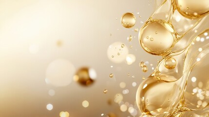 Elegant depiction of gold serum bubbles with soft reflections, emphasizing the luxurious essence of beauty products, radiant and refined visual