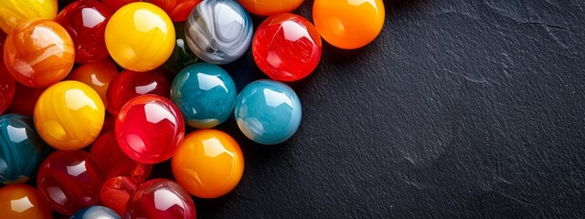  A multitude of vibrant candies stacked on a black surface against a dark background