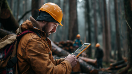 Woodworker with tablet while working
