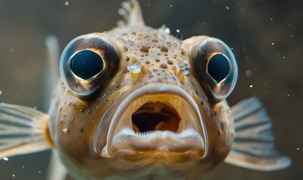 A fish with wide open mouth and big eyes, Surprised, shocked or amazed face front view. 