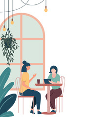 Women at the table in a modern cafe. Vector illustration isolated on white background