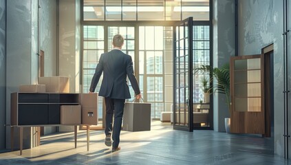 A group of business people walking in an office building with green plants on the glass wall, motion blur and long exposure effect.