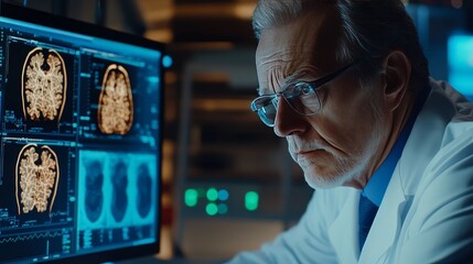 A doctor in a lab coat examining medical images on a computer screen, focusing on the detailed analysis required to diagnose and treat various medical conditions.