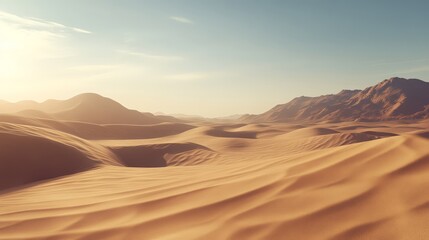 Fototapeta premium A dramatic desert landscape with sweeping sand dunes and a clear sky, showcasing the stark and beautiful contrasts of arid natural environments.
