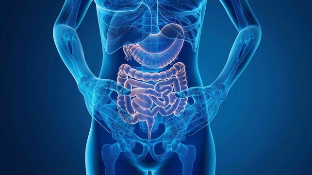 Anatomical illustration showcasing the human digestive system in a striking blue glow for educational and medical use.