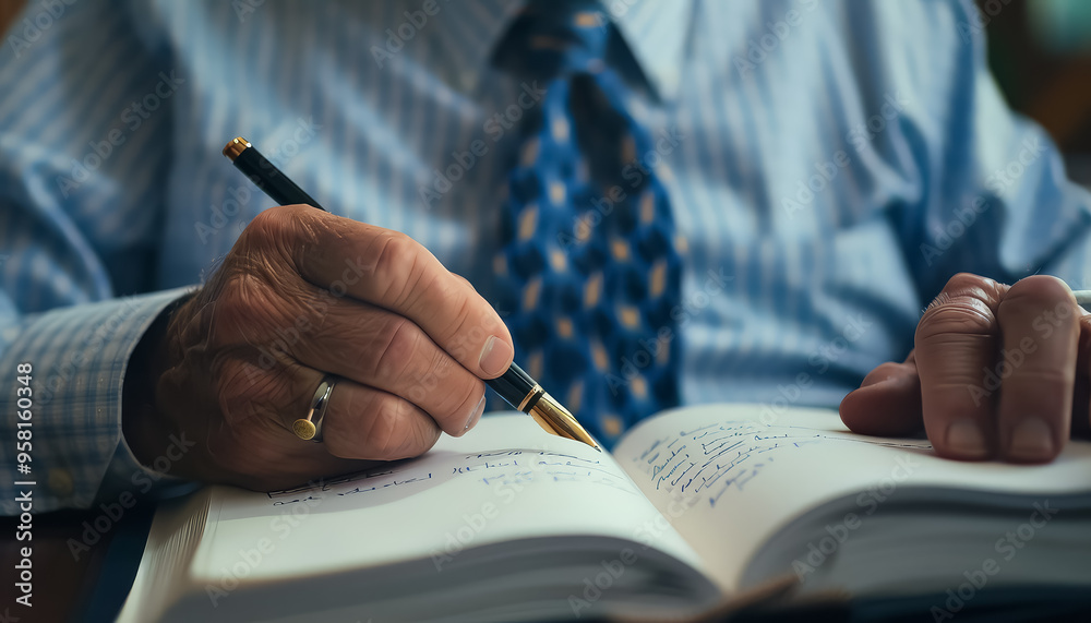 Wall mural a man is writing in a book with a pen