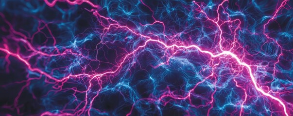 Vibrant abstract illustration of electric currents, showcasing dynamic pink and blue lightning in a mesmerizing pattern.