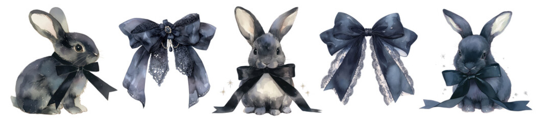 Obraz premium Cute bunny with black bow png cut out element set