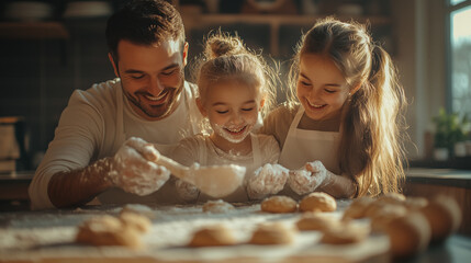 A father and his two daughters joyfully bake together, covered in flour and sharing smiles, creating a warm, playful, and heartwarming family moment.