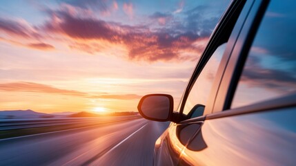 Inside a car driving on a coastal highway, ocean view to the side, motion blur conveying travel, vibrant sunset sky