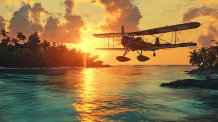 A vintage biplane soaring above a lush, vibrant tropical island, crystal-clear waters below reflecting the golden sun, watercolor