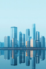 Obraz premium City Skyline, A modern city skyline featuring minimalistic buildings with reflective surfaces set against a soft blue background, ideal for visuals and design