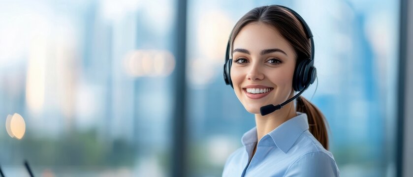 Female call center representative with a headset and a happy smile, detailed urban skyline background, bright and professional, tech support focus