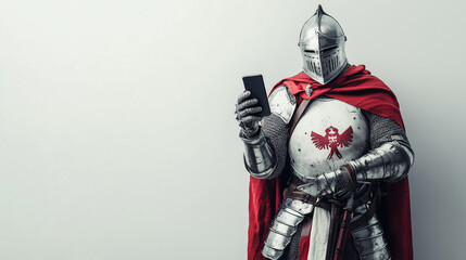 Fototapeta premium A Templar knight in heavy armor with a red cape holding a smartphone. The background is plain and light