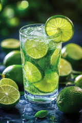 Fototapeta premium Limeade Drink, A refreshing glass of limeade featuring vibrant lime slices, placed on a table, perfect for summer gatherings and cool refreshments