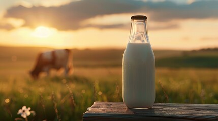 Close up of glass bottle with milk on wooden table against blurred background of green meadow and cow at sunset, real photo.