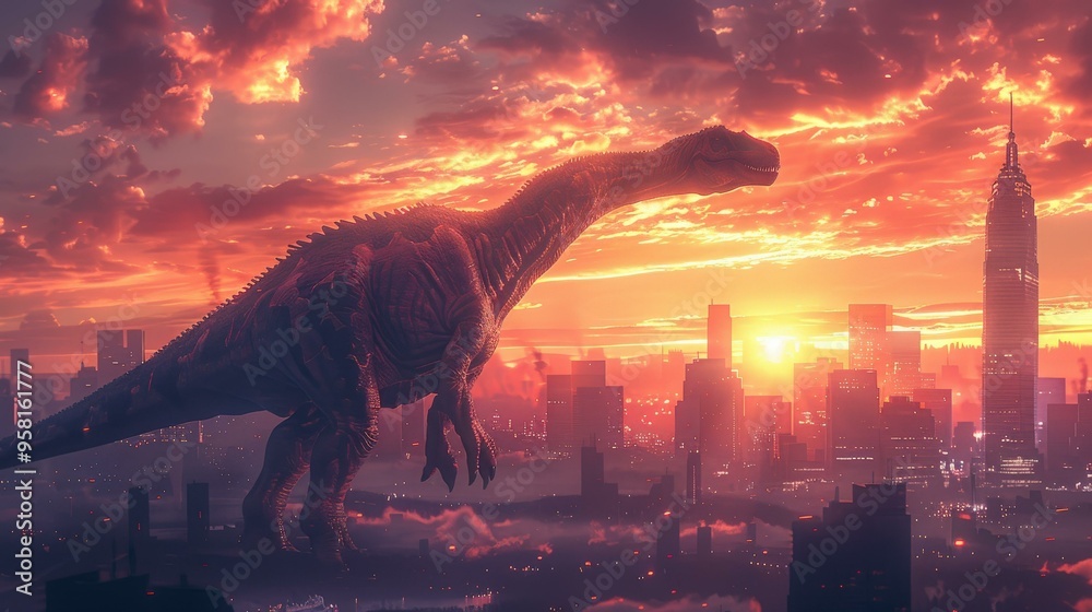 Wall mural Dinosaur Silhouette Over Cityscape Sunset