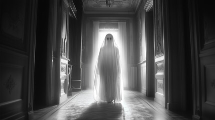 Zbliżenie na duchową, kobiecą aparycję, kt&oacute;ra w tajemniczy spos&oacute;b materializuje się w pobliżu, tworząc aurę nadprzyrodzonego piękna i niepokoju.