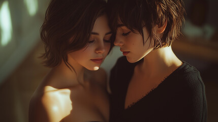 Two women sharing a tender, intimate moment, standing close with their eyes closed, bathed in soft natural light, conveying love, peace, and deep emotional connection.