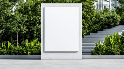 Sizable billboard standing on speckled concrete, framed by greenery and a stairway, offering a clean slate for advertising, contemporary outdoor scene