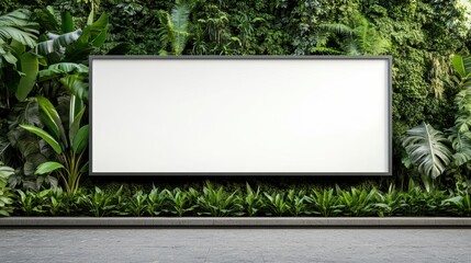 Fototapeta premium Blank billboard on a speckled concrete surface, lush green foliage and stairway behind, versatile space for advertising in an urban natural setting