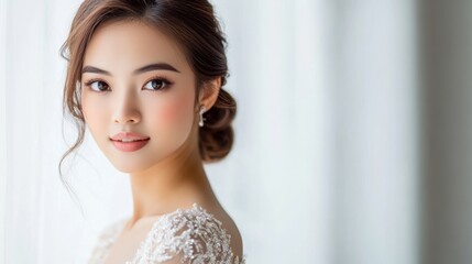 Elegant Southeast Asian bride with soft curls and a beaded wedding dress, posed gracefully against a light background, medium shot capturing her radiance