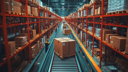 Automated Warehouse,  An automated warehouse featuring conveyor belts transporting packages, showcasing the speed and effectiveness of modern logistics operations