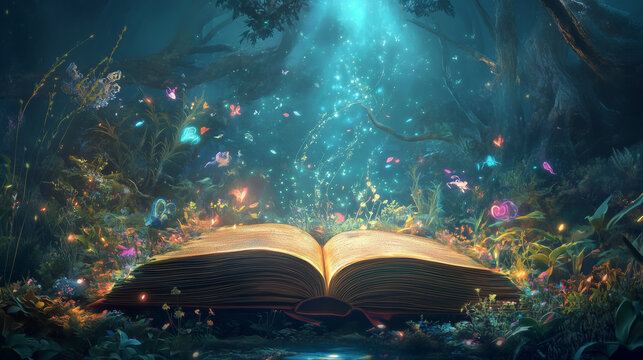 Książka pełna magicznych historii, z okładką ozdobioną mistycznymi wzorami i symbolami. Wnętrze książki rozświetlają niesamowite, animowane opowieści