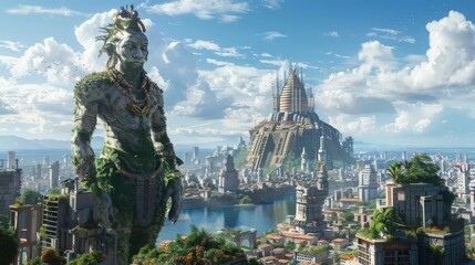 Fototapeta premium Stone Giant Overlooking Futuristic Cityscape