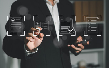 Businessman filling out employee evaluation form online Human resource management (HR), human...
