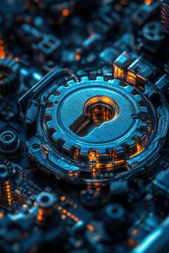 Website Security,  Digital gears combined with a padlock symbol, showcasing the importance of optimizing website safety and enhancing cybersecurity measures