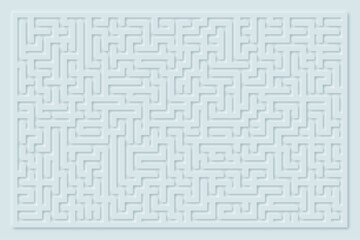 An abstract, white neomorphic labyrinth fills the square background, offering a complex maze pattern that embodies the concepts of search, strategy, and solution in a creative way