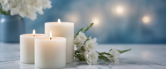 Minimalistic arrangement of three white candles on marble counte